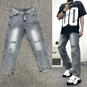 Quần Jean Nam Baggy Form Suông Ống Rách Thời Trang,Quần Jean Nam Ống Suông XanhRêu Chất Liệu Cao Cấp