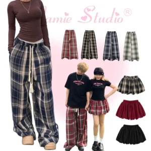 Quần Caro và chân váy bí Mamie chất nỉ dạ, Plaid Pant form rộng ống suông thời trang nam nữ, đồ đôi couple xinh xắn.