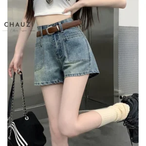 Quần Short Denim Chauzi Lưng Cao Phối Túi Trước Cho Nữ Cao Cấp Phong Cách Thời Trang Hàn Quốc [không kèm đai] QS247