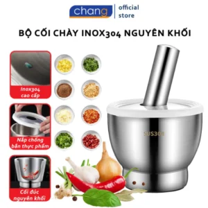 Bộ Chày Cối Inox 304 Có Nắp Đậy, Chày Cối Nguyên Khối Dã Đồ Cực Nhuyễn Mịn Tiện Lợi Cho Gia Đình